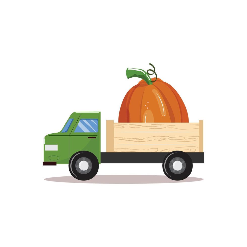 Isolated green truck with a wooden trunk and a large orange pumpkin in it, fall harvest concept vector
