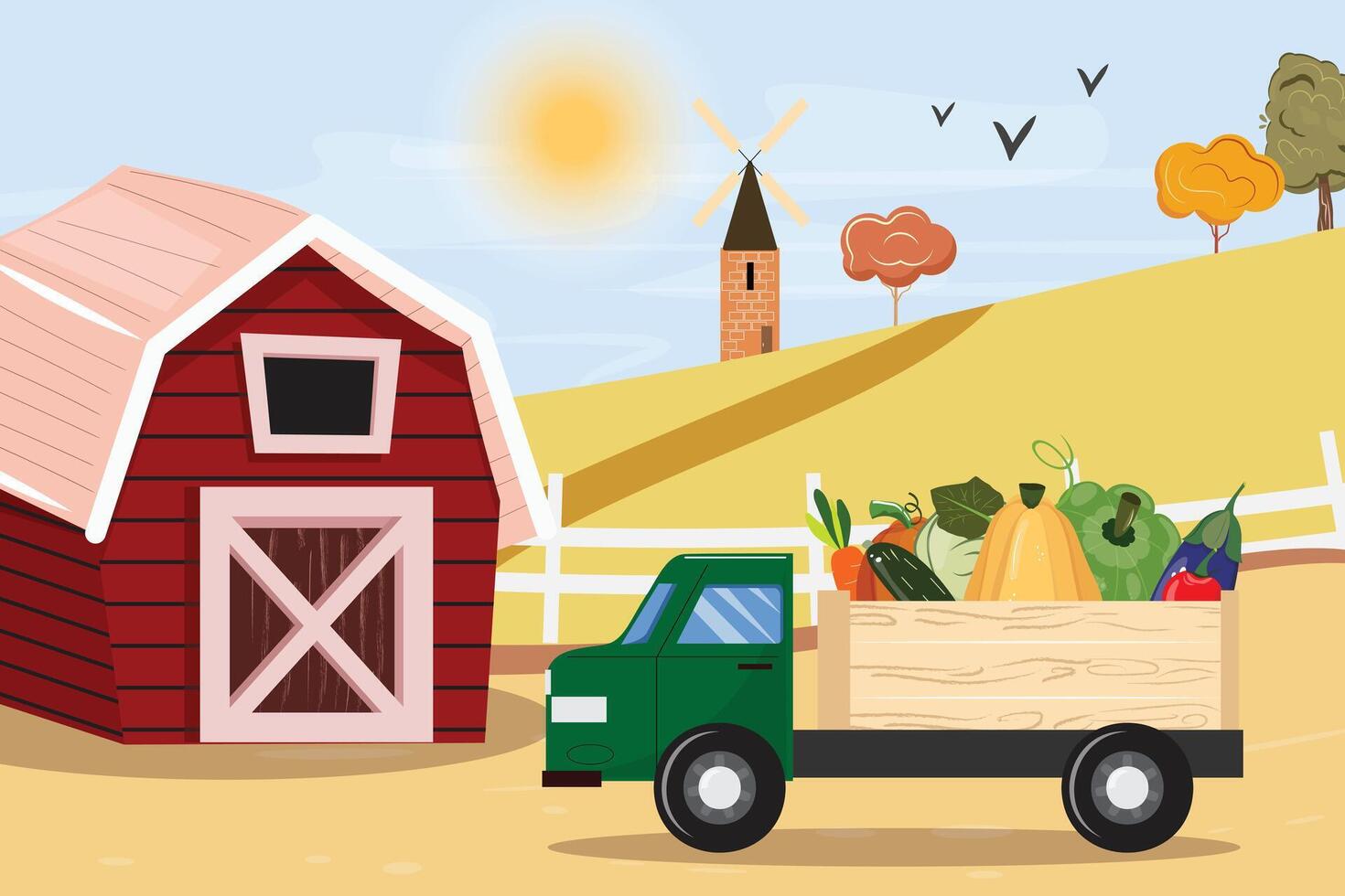 Landscape of a red barn, green truck loaded with vegetables, windmill, trees, and birds, harvest theme vector