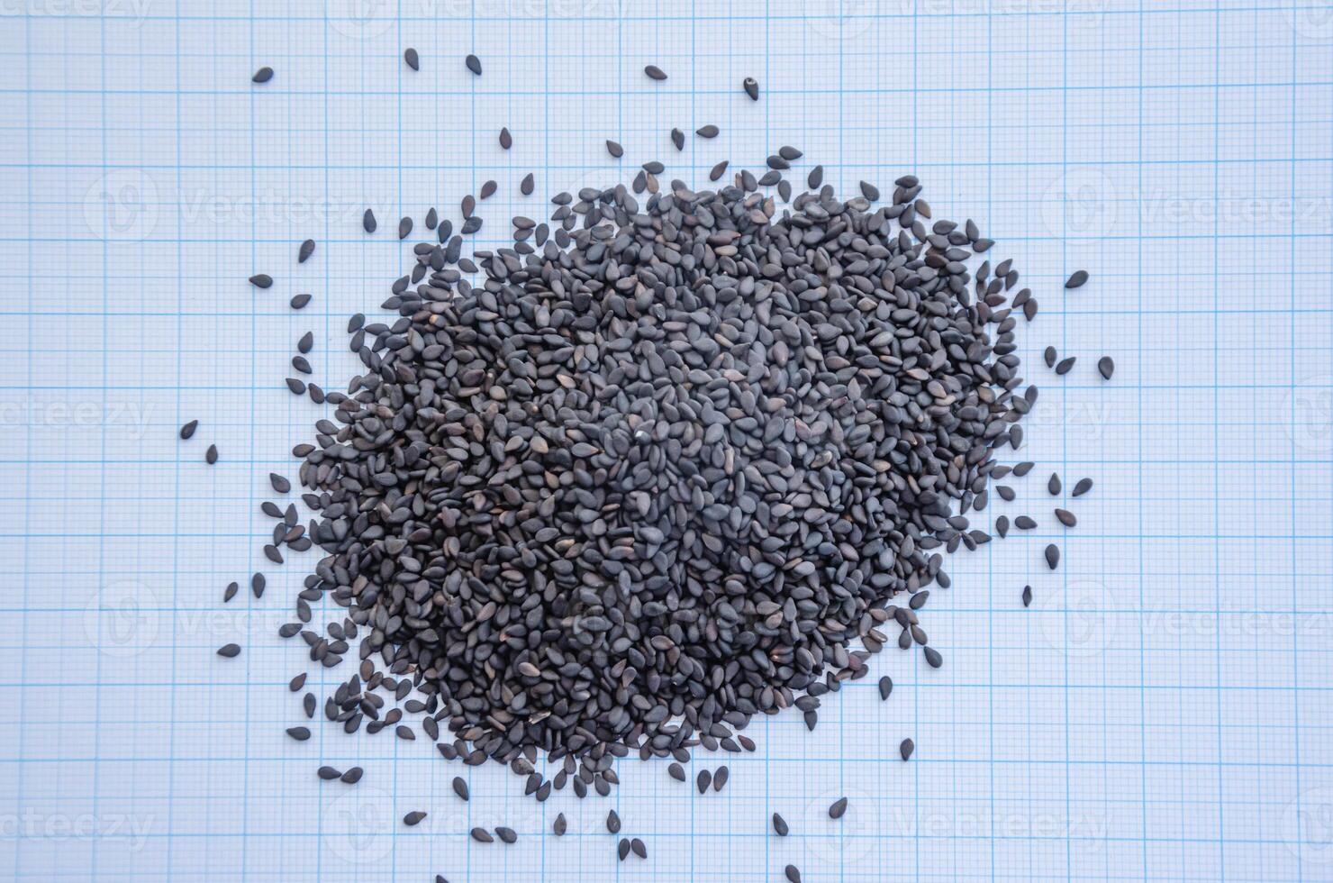 black sesame seeds in a heap on a background of graph paper photo
