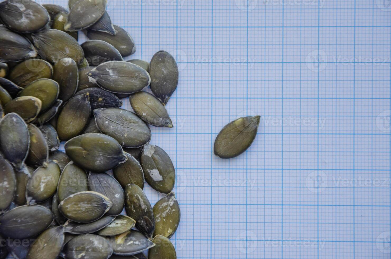 A pile of pumpkin seeds on a millimeter background for a seed-size view. Gymnosperm pumpkin seeds. High quality photo