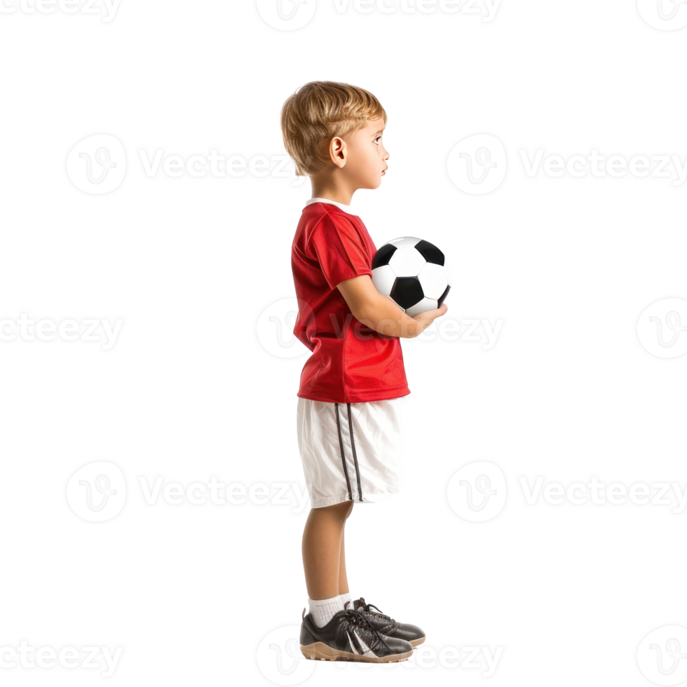Little boy in football clothes standing with ball under arm side view isolate on transparency background png