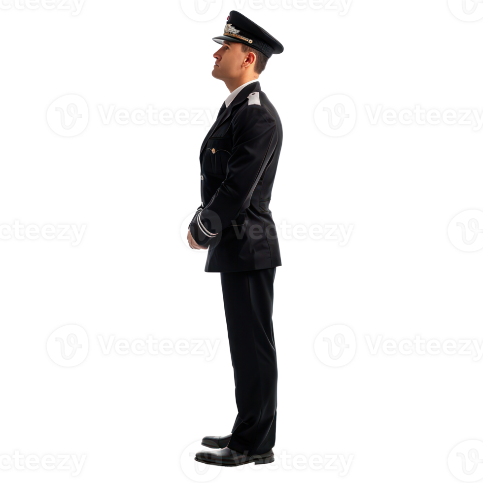 Airplane pilot in black uniform standing side view isolate on transparency background png