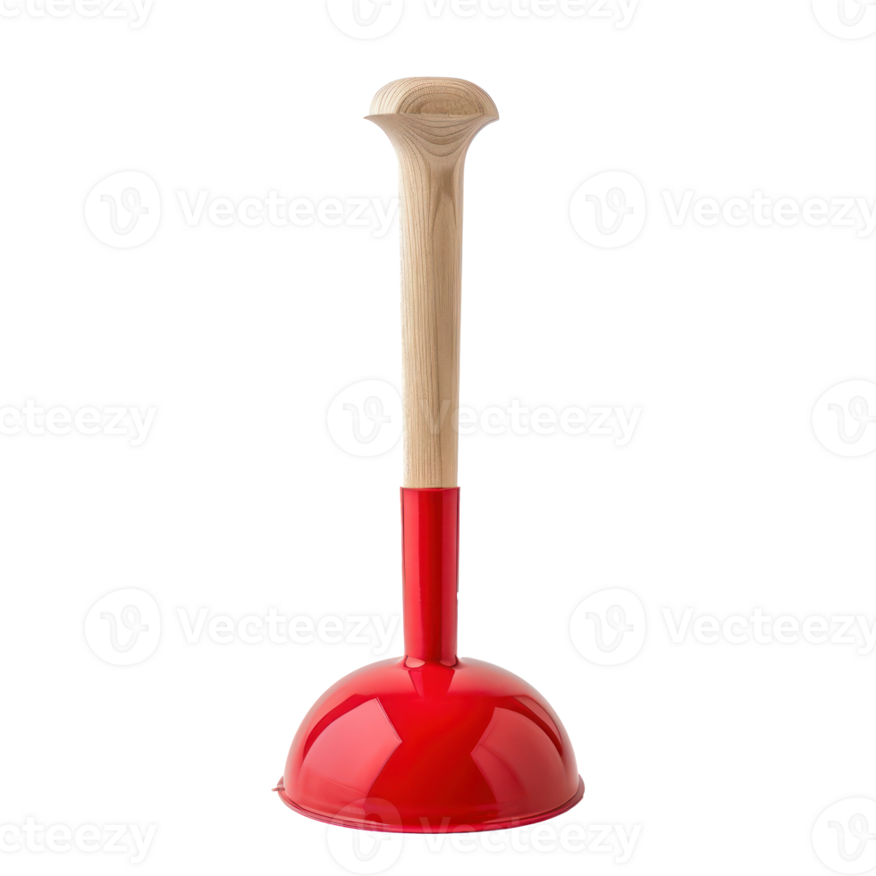 toilet bowl red rubber cup plunger with wooden handle front view isolate on transparency background png