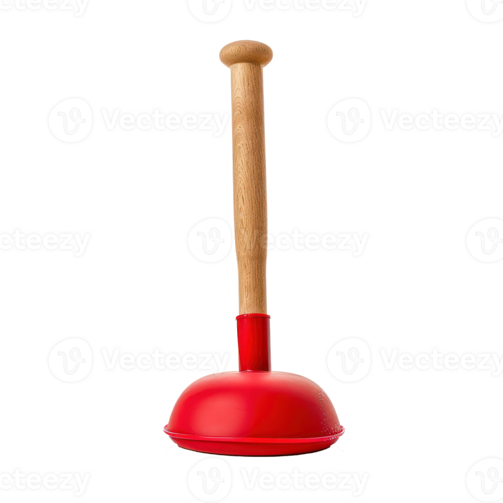 toilet bowl red rubber cup plunger with wooden handle front view isolate on transparency background png