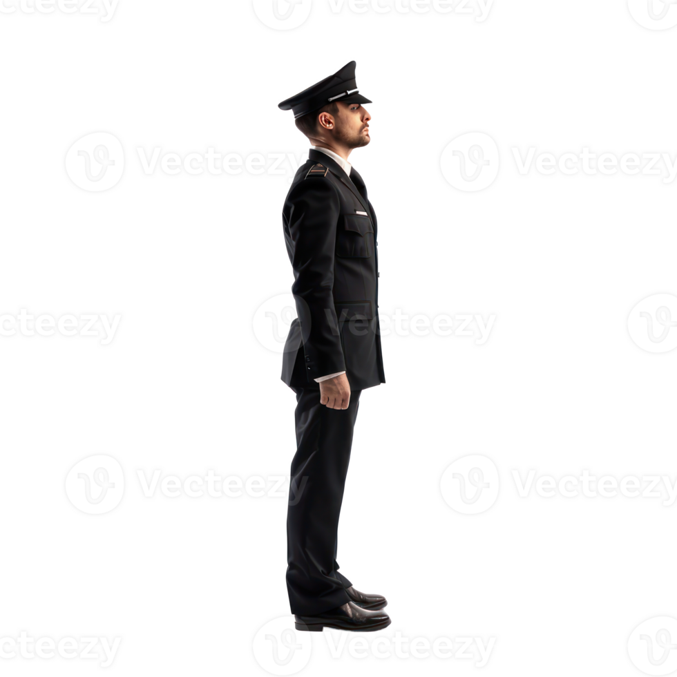 Airplane pilot in black uniform standing side view isolate on transparency background png