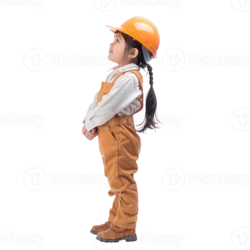 Smiling little girl wearing hard hat engineer uniform standing side view isolate on transparency background png