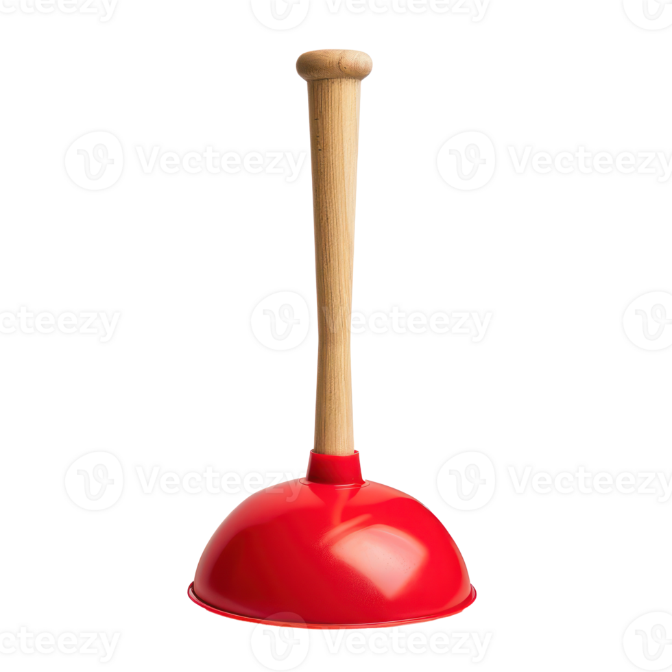 toilet bowl red rubber cup plunger with wooden handle front view isolate on transparency background png
