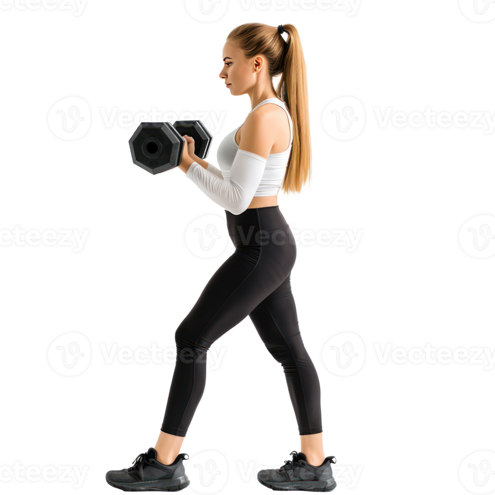 Woman working with dumbbells side view isolate on transparency background png