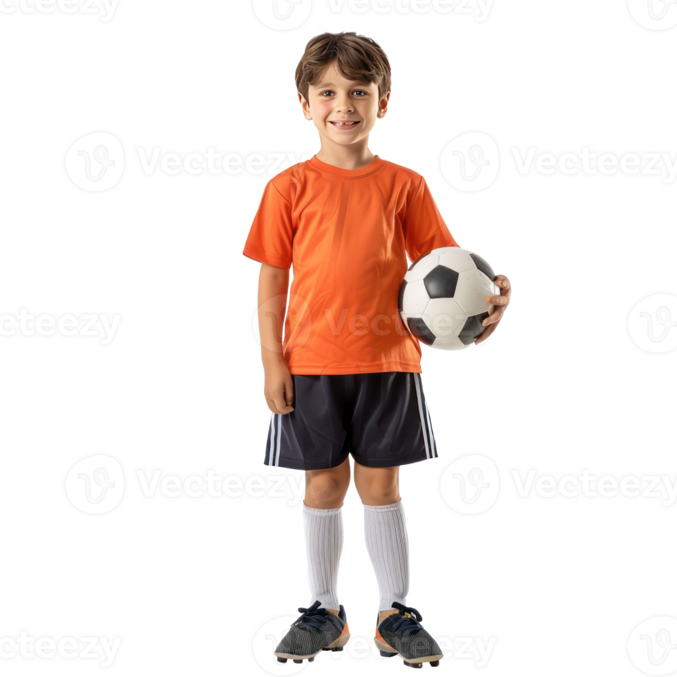 Little boy in football clothes standing with ball under arm front view isolate on transparency background png