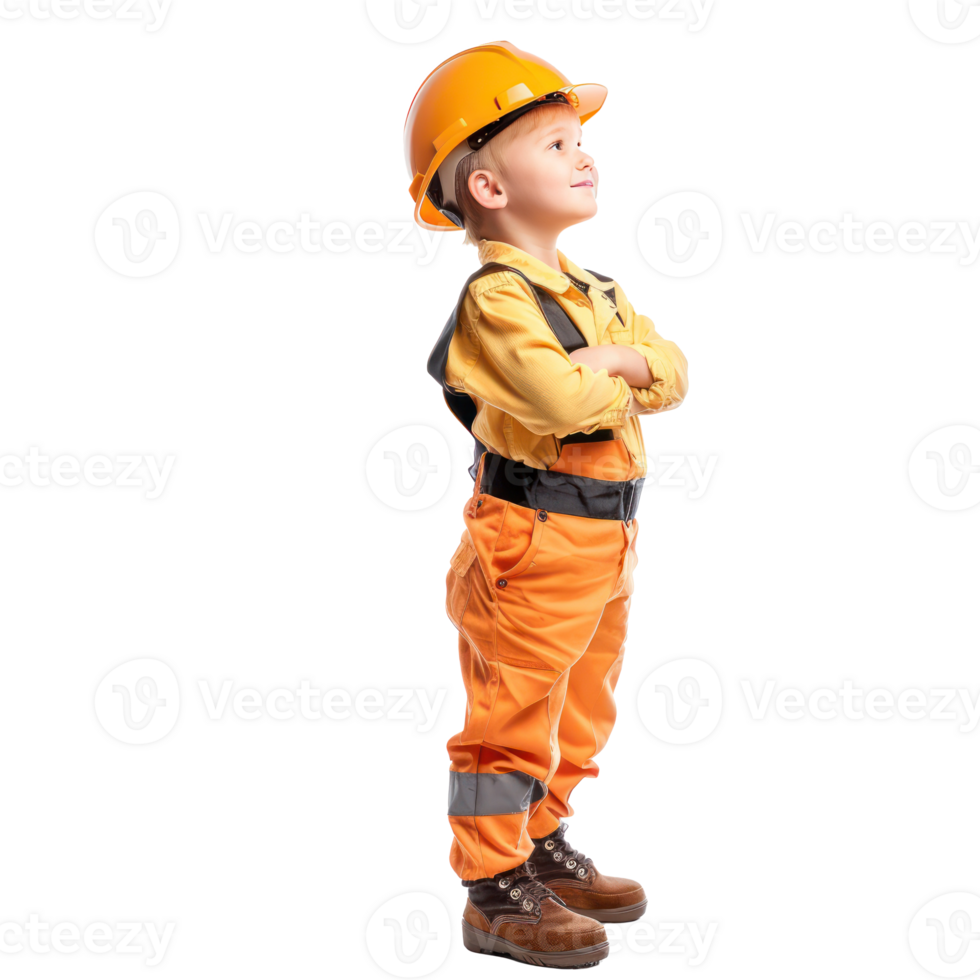 Smiling little boy wearing hard hat construction worker uniform standing side view isolate on transparency background png