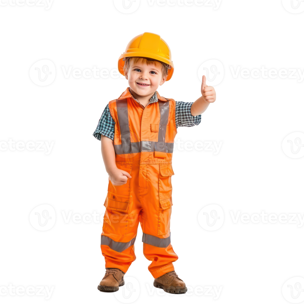 Smiling little boy wearing hard hat construction worker uniform standing with hand gesture giving thumb up front view isolate on transparency background png