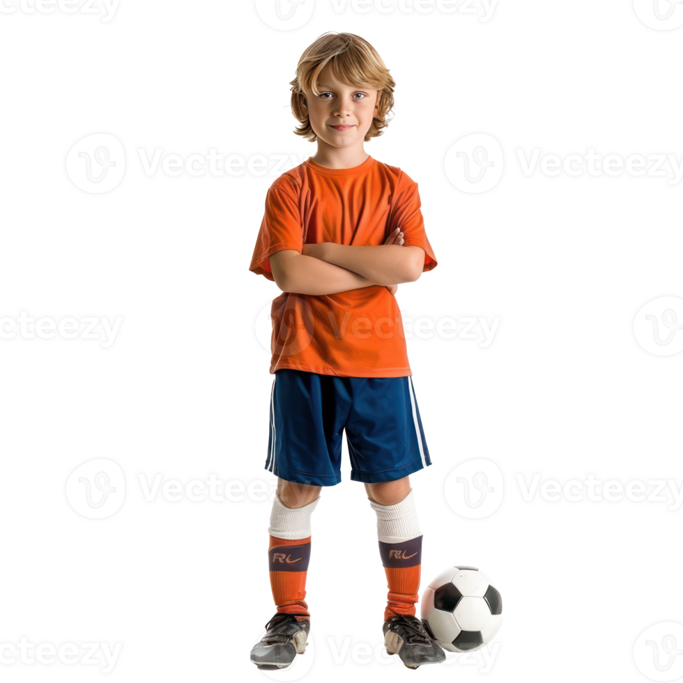 Little boy in football clothes standing with ball under arm front view isolate on transparency background png
