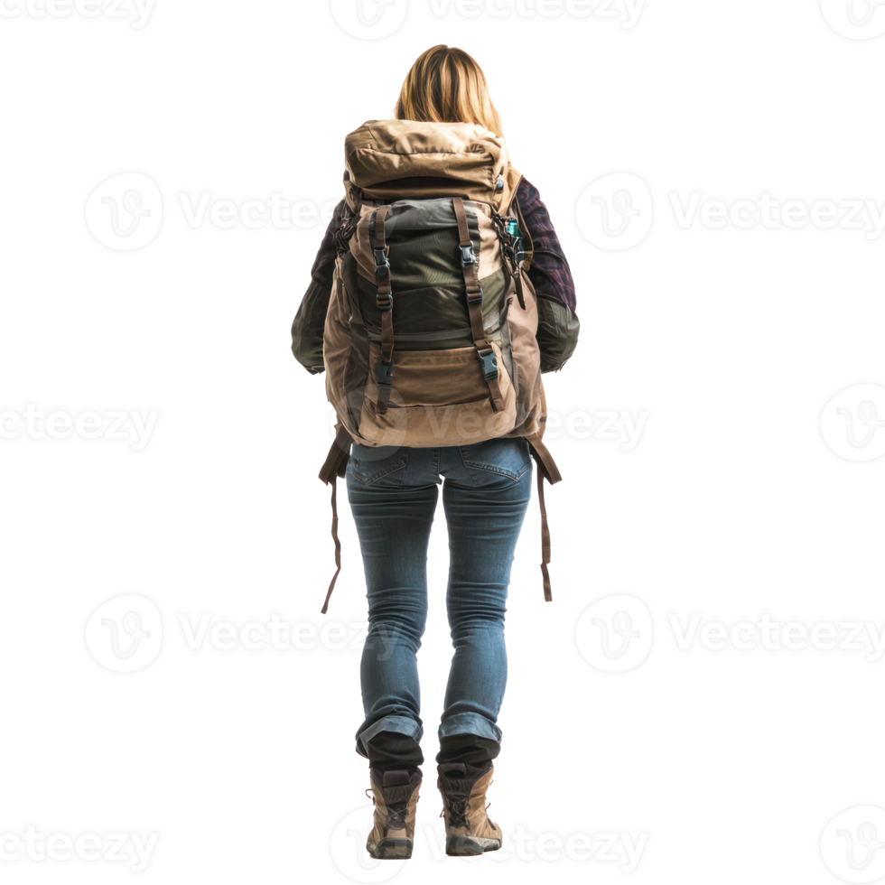 hiker woman carrying backpack rear view isolate on transparency background png