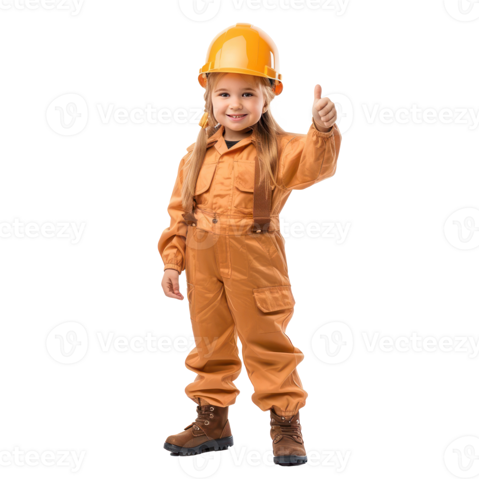 Smiling little girl wearing hard hat construction worker uniform standing with hand gesture giving thumb up side view isolate on transparency background png