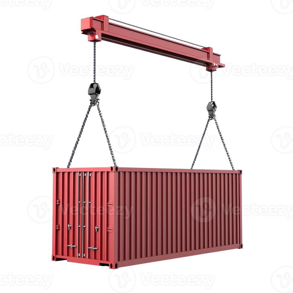 3D cargo container hanging from crane isolate on transparency background png