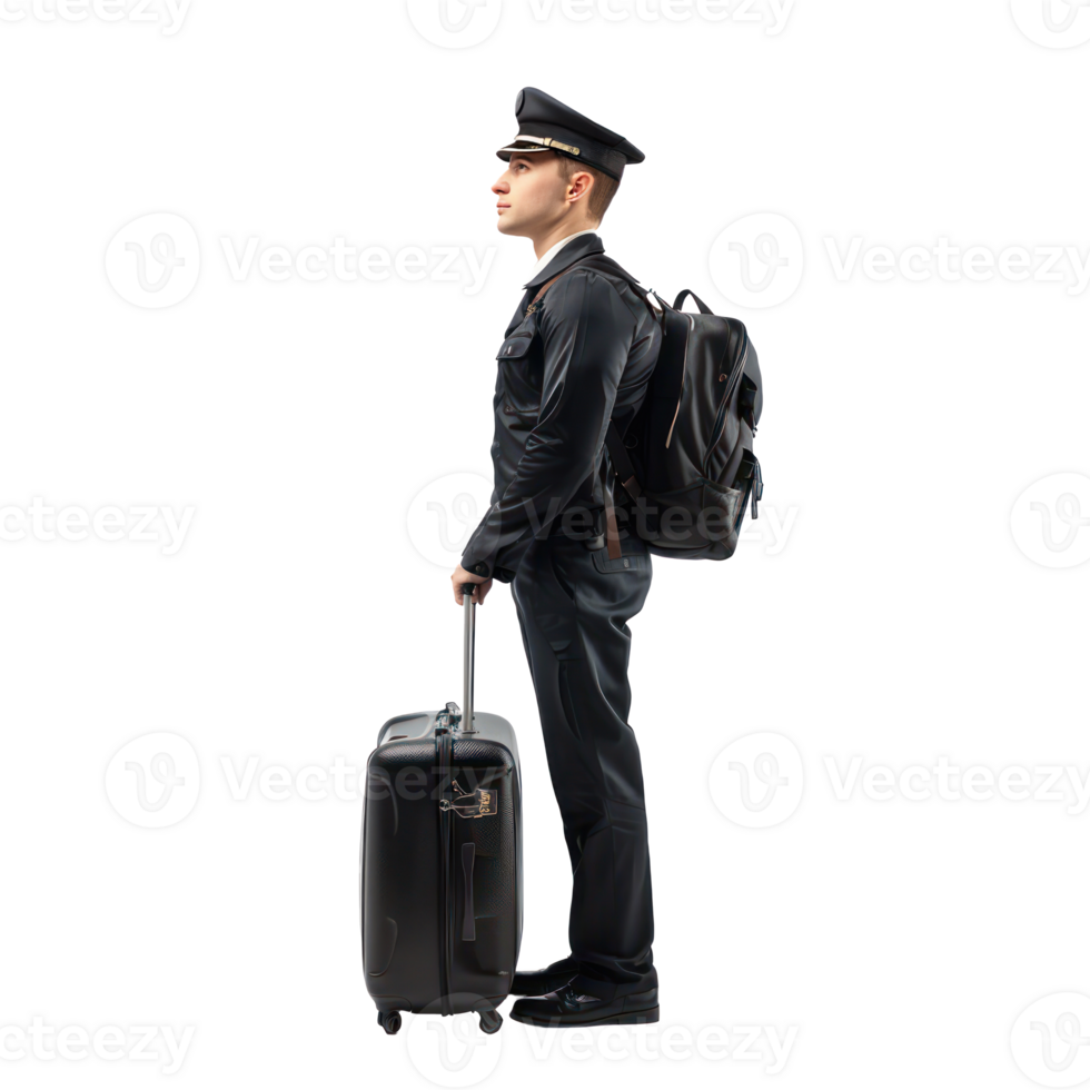 Airplane pilot in black uniform standing with travel suitcase side view isolate on transparency background png