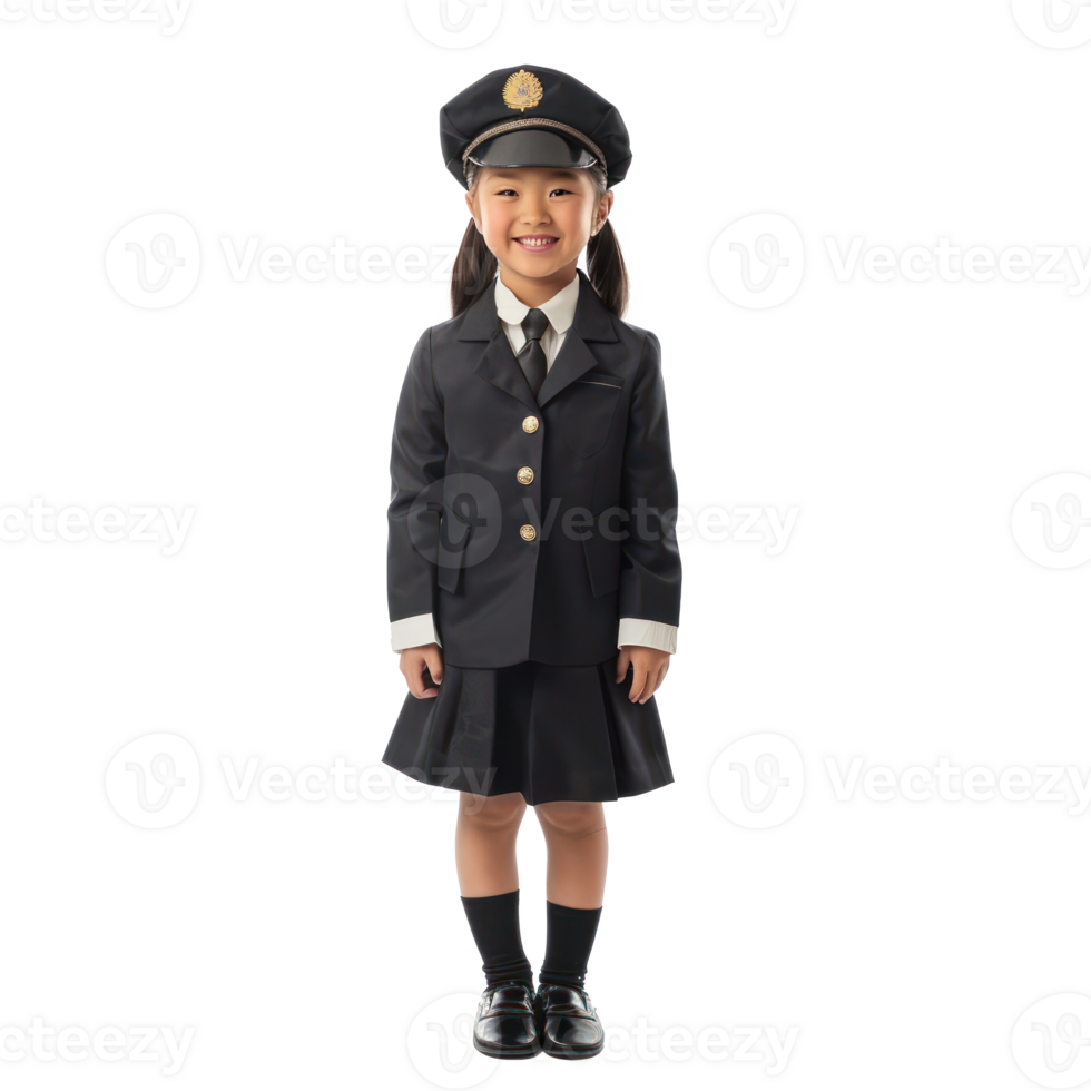 Smiling little girl wearing hostess uniform standing with travel suit front view isolate on transparency background png