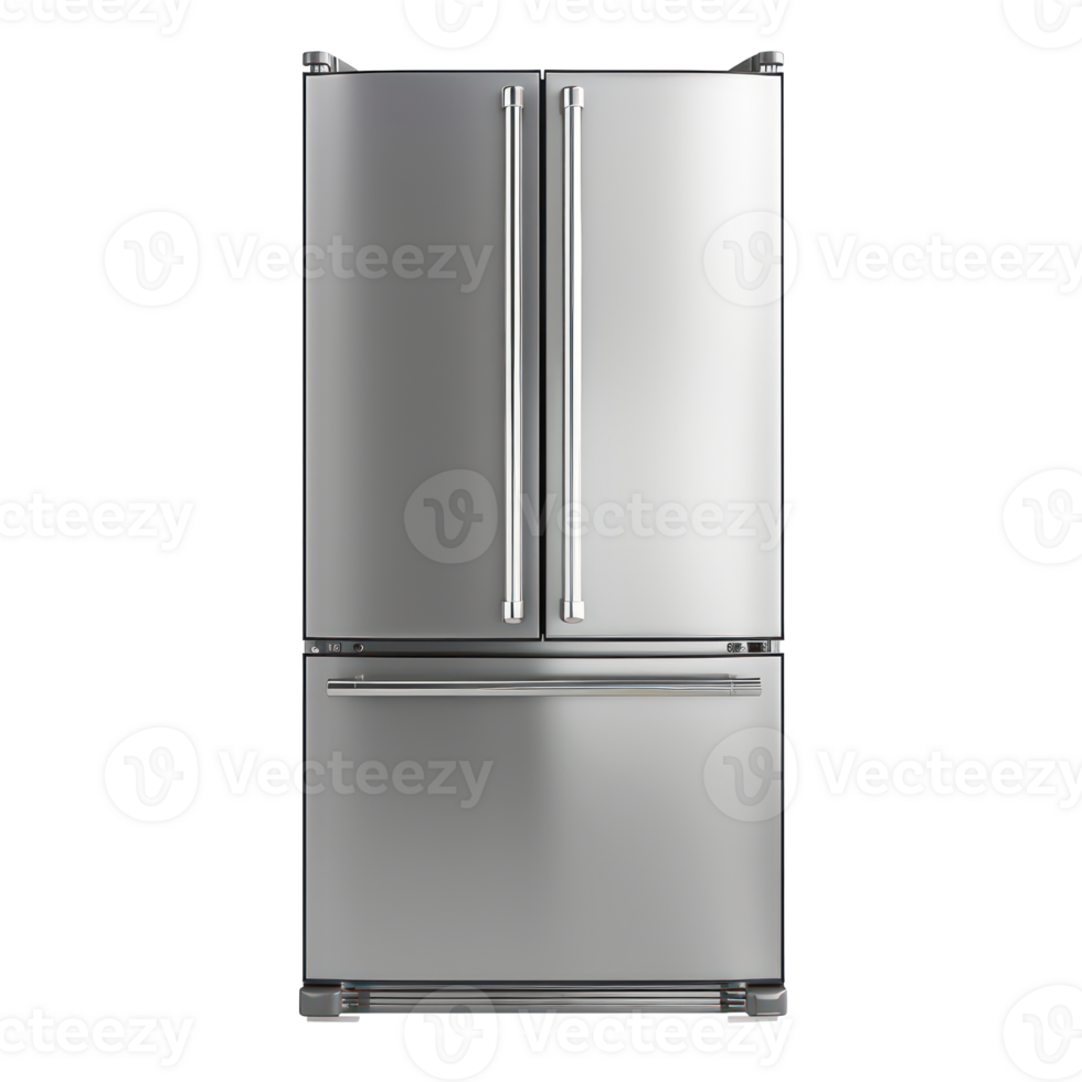 Gloss stainless steel refrigerator, modern, ceramic coated surface, facing forward for a magazine cover, white background png