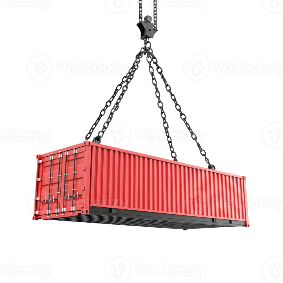 3D cargo container hanging from crane isolate on transparency background png