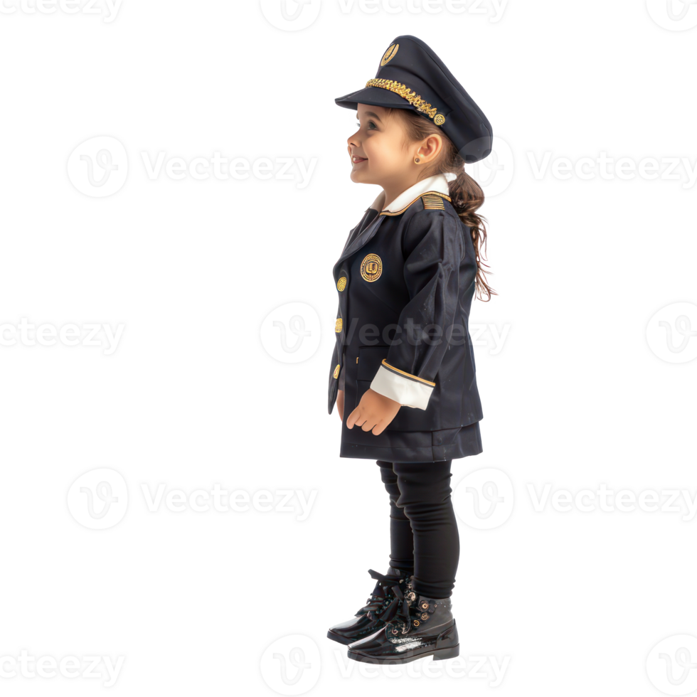 Smiling little girl wearing hostess uniform standing with travel suit side view isolate on transparency background png