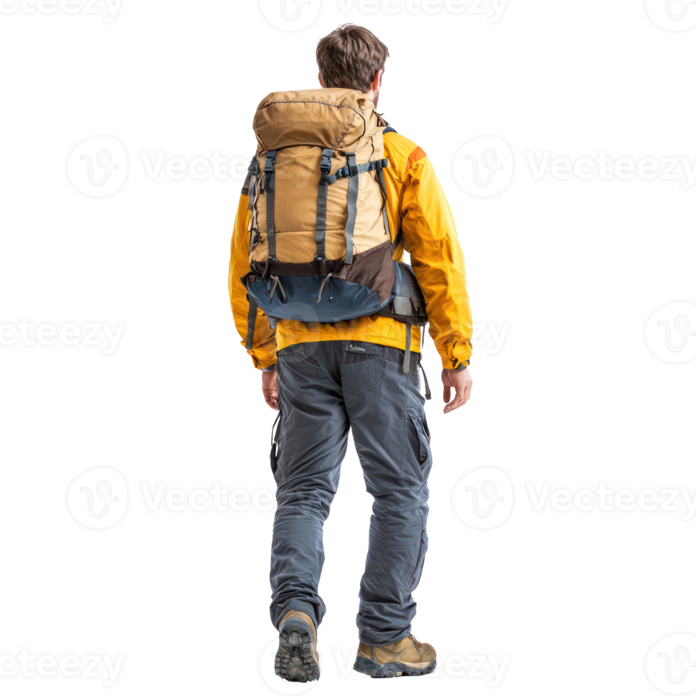 hiker man carrying backpack rear view isolate on transparency background png