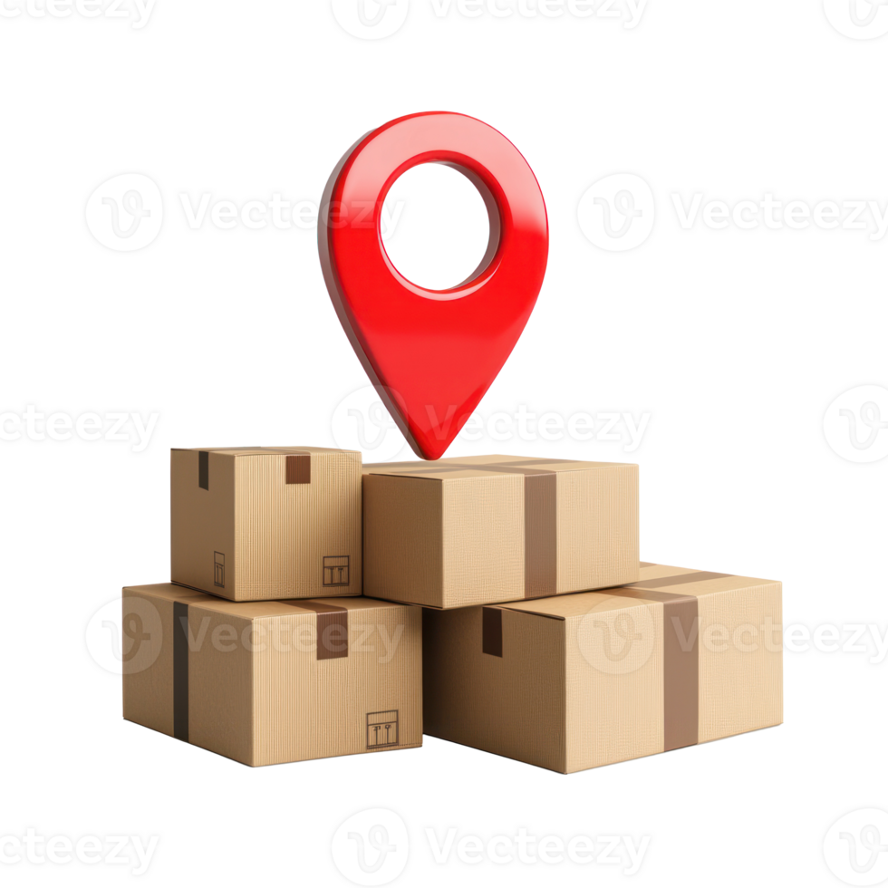3d illustration of a red pin on a stack of boxes with a map pointer png