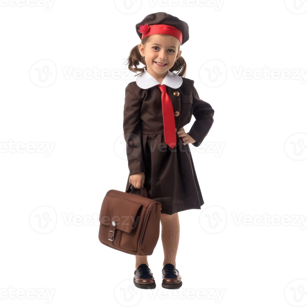 Smiling little girl wearing hostess uniform standing with travel suit front view isolate on transparency background png