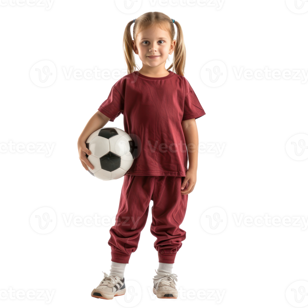 Little girl in football clothes standing with ball under arm front view isolate on transparency background png
