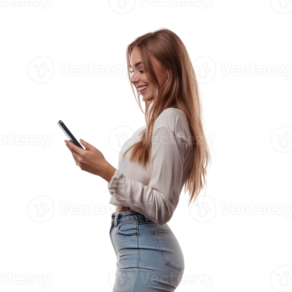 Attractive young woman Excited looking at her mobile phone, standing side view isolate on transparency background png