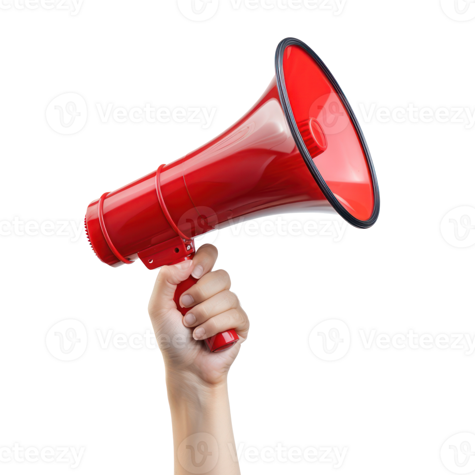 hand holding red megaphone front view isolate on transparency background png