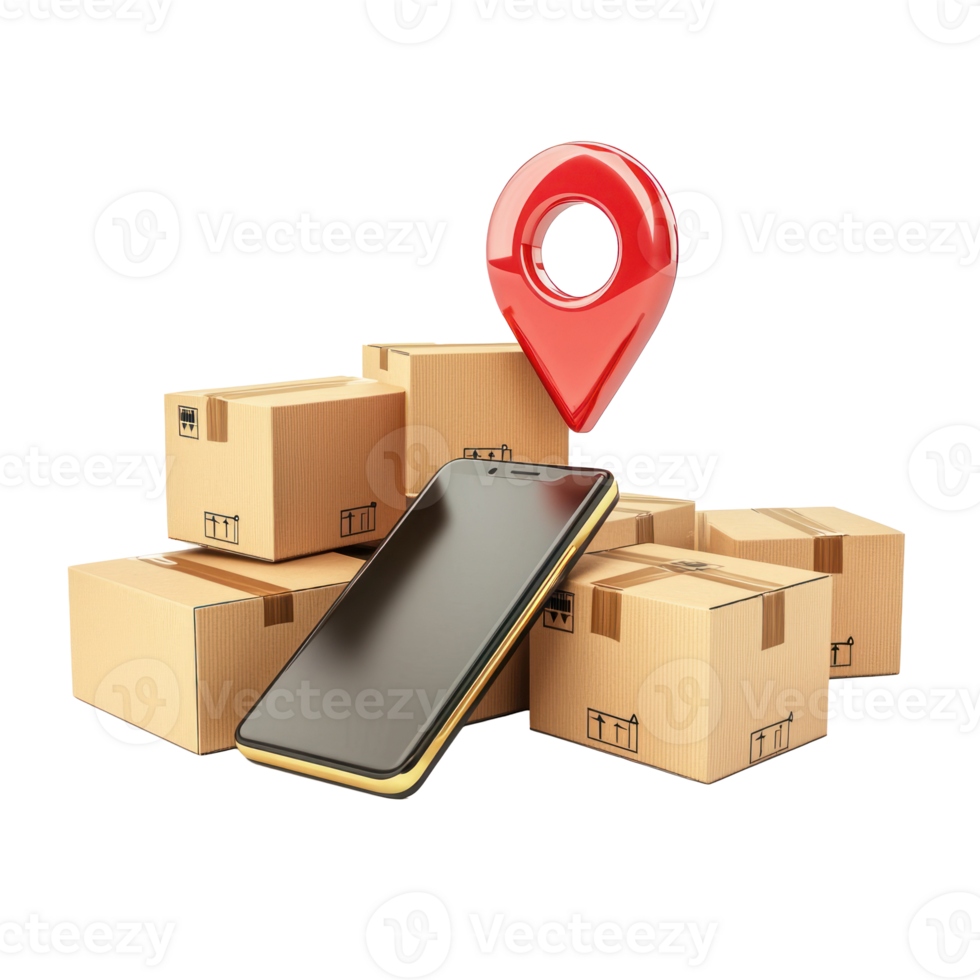 3d cardboard boxes and smartphone with red pin location isolate on transparency background png