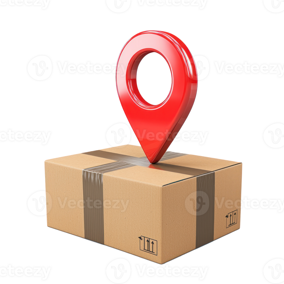 3D red Pin location with cardboard boxes front view isolate on transparency background png