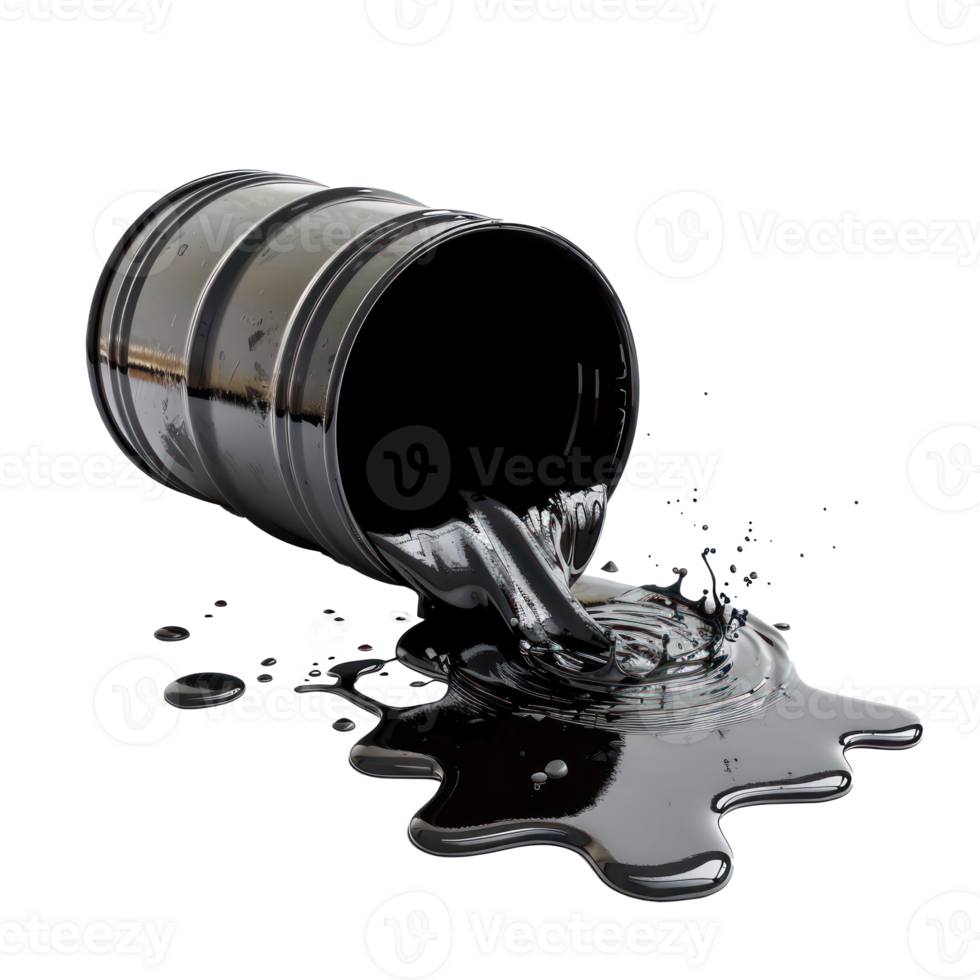 Black oil or petroleum spilled leaking from a black barrel, environmental pollution concept isolate on transparency background png