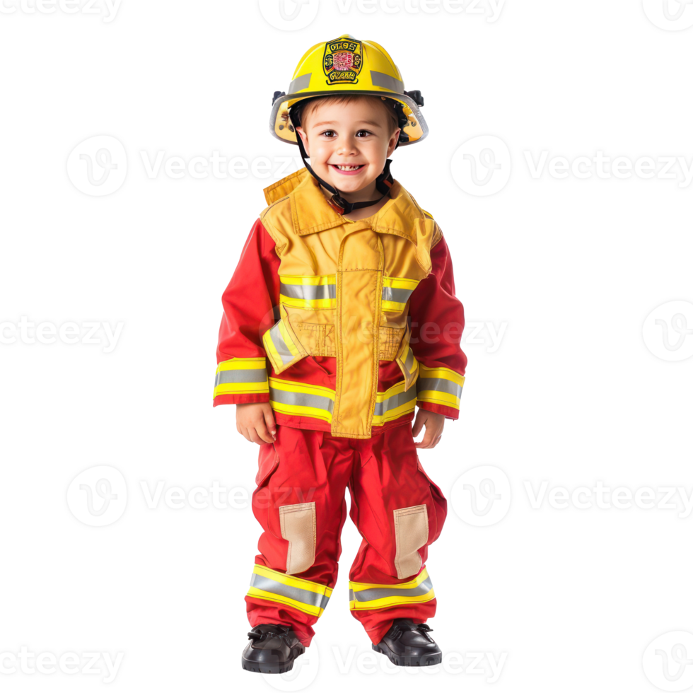 Smiling little boy wearing firefighter uniform standing front view isolate on transparency background png