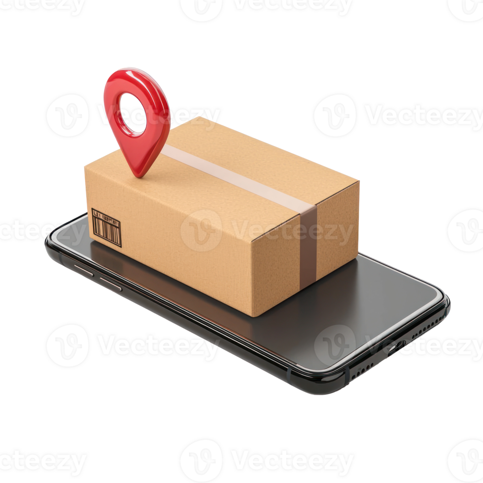 3d cardboard box on smartphone screen with red pin location side view isolate on transparency background png