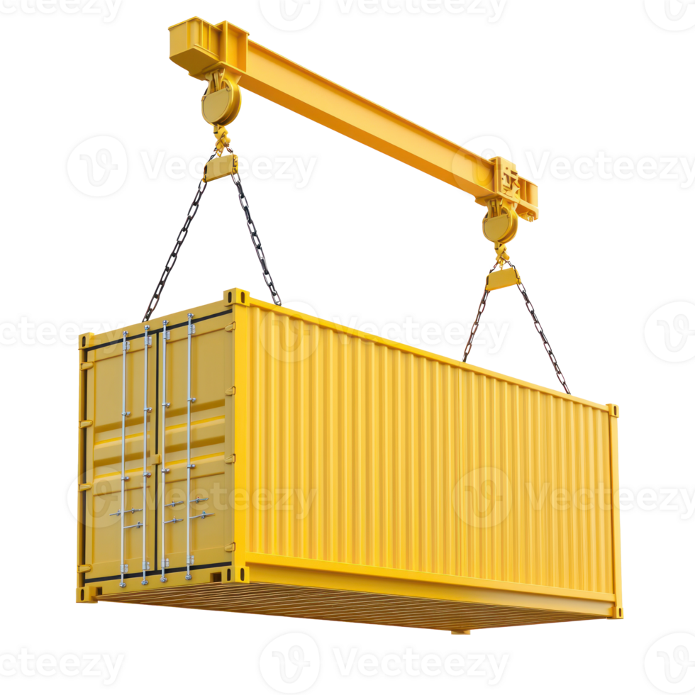 3D cargo container hanging from crane front view isolate on transparency background png