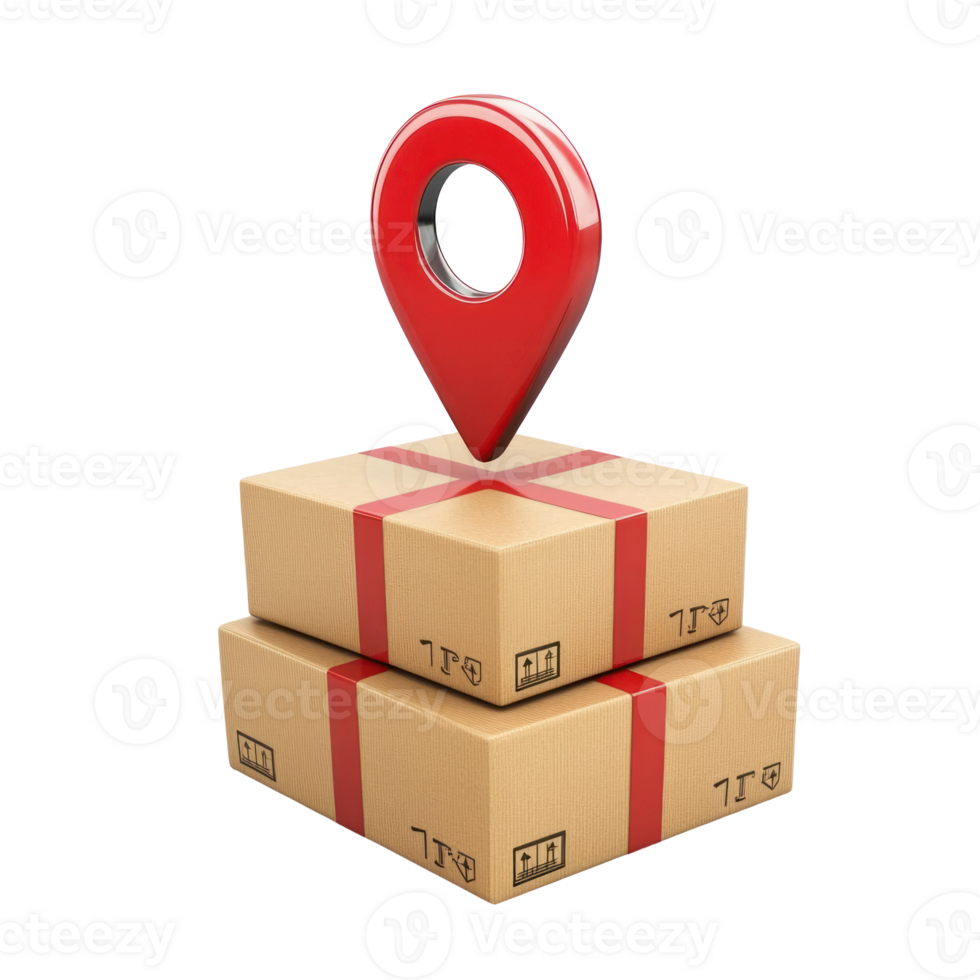 3D red Pin location with cardboard boxes isolate on transparency background png