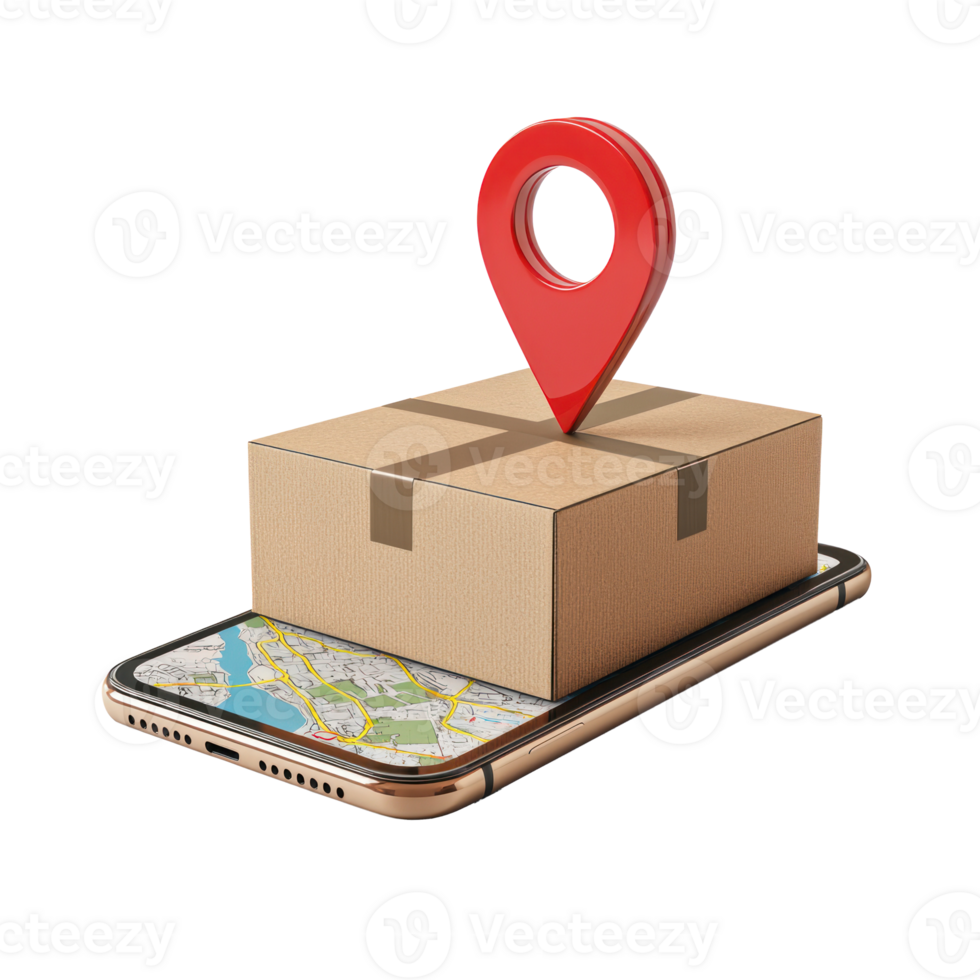 3d cardboard box on smartphone screen with red pin location front view isolate on transparency background png