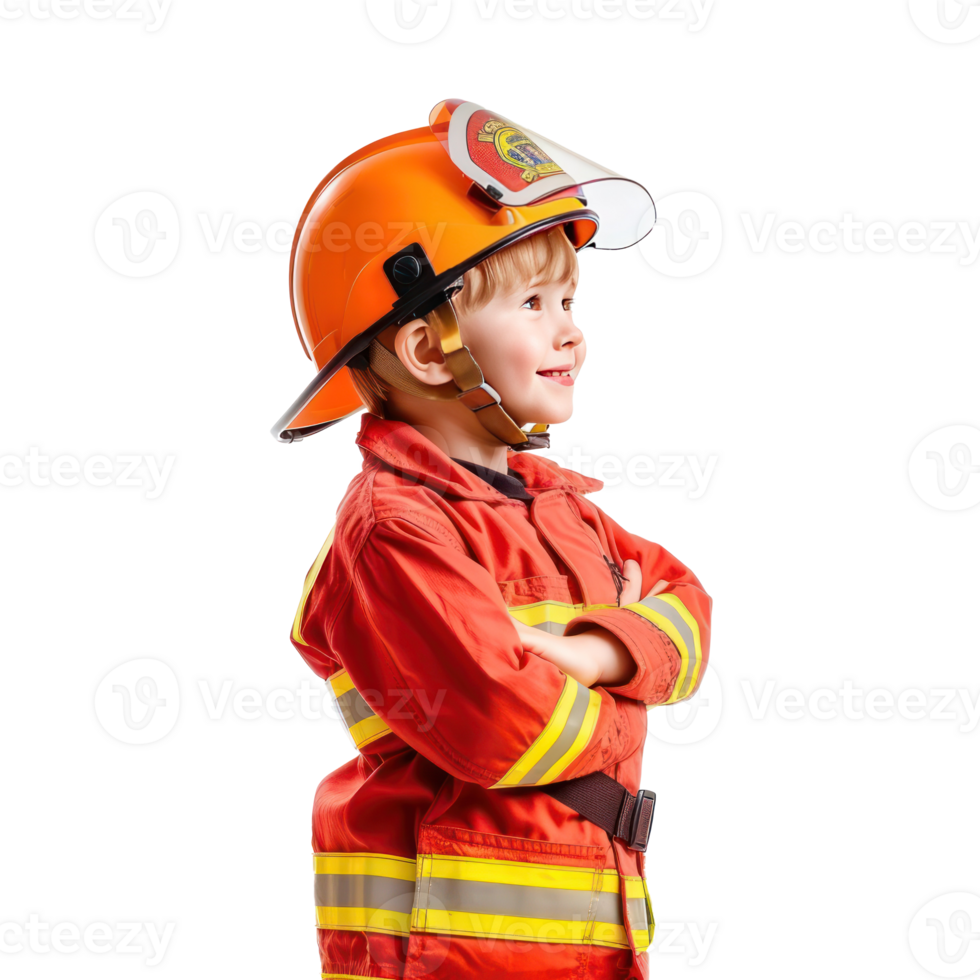 Smiling little boy wearing firefighter uniform standing side view isolate on transparency background png