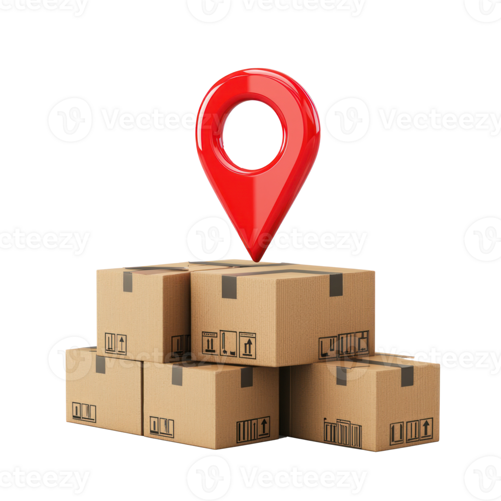 3D red Pin location with cardboard boxes front view isolate on transparency background png