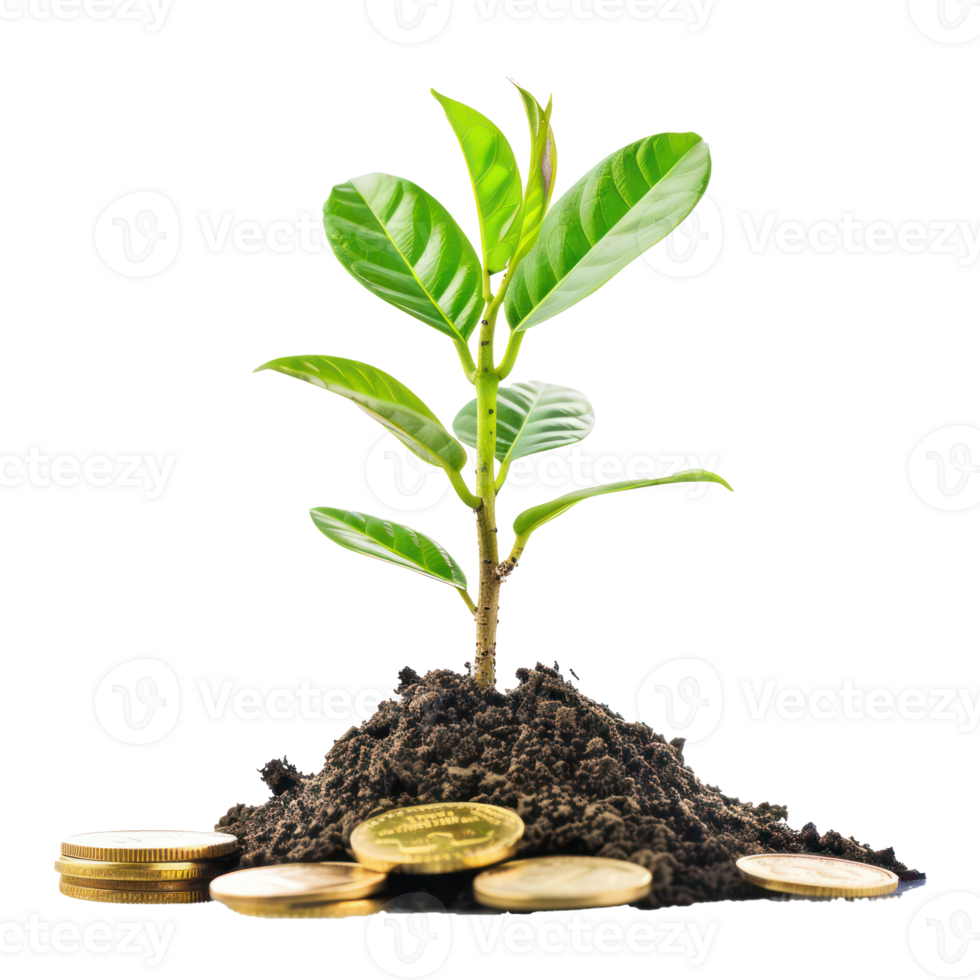 Plant growing on pile of gold coins isolate on transparency background png