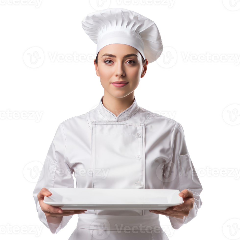 Pretty young female chef hand holding empty tray front view isolate on transparency background png