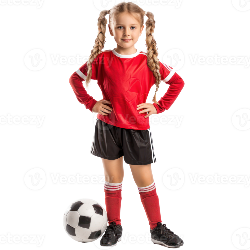 Little girl in football clothes standing with ball under arm isolate on transparency background png