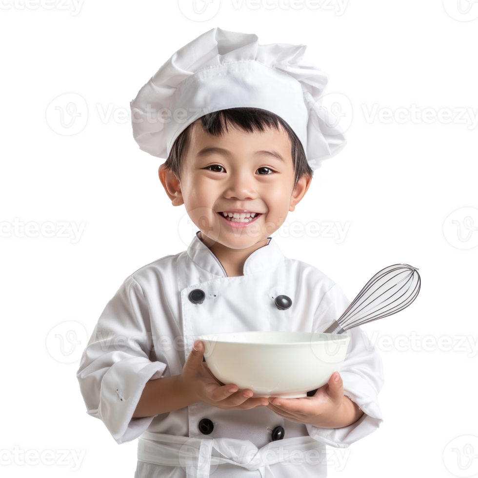 Smiling little boy wearing chef uniform holding a bowl and whisk isolate on transparency background png