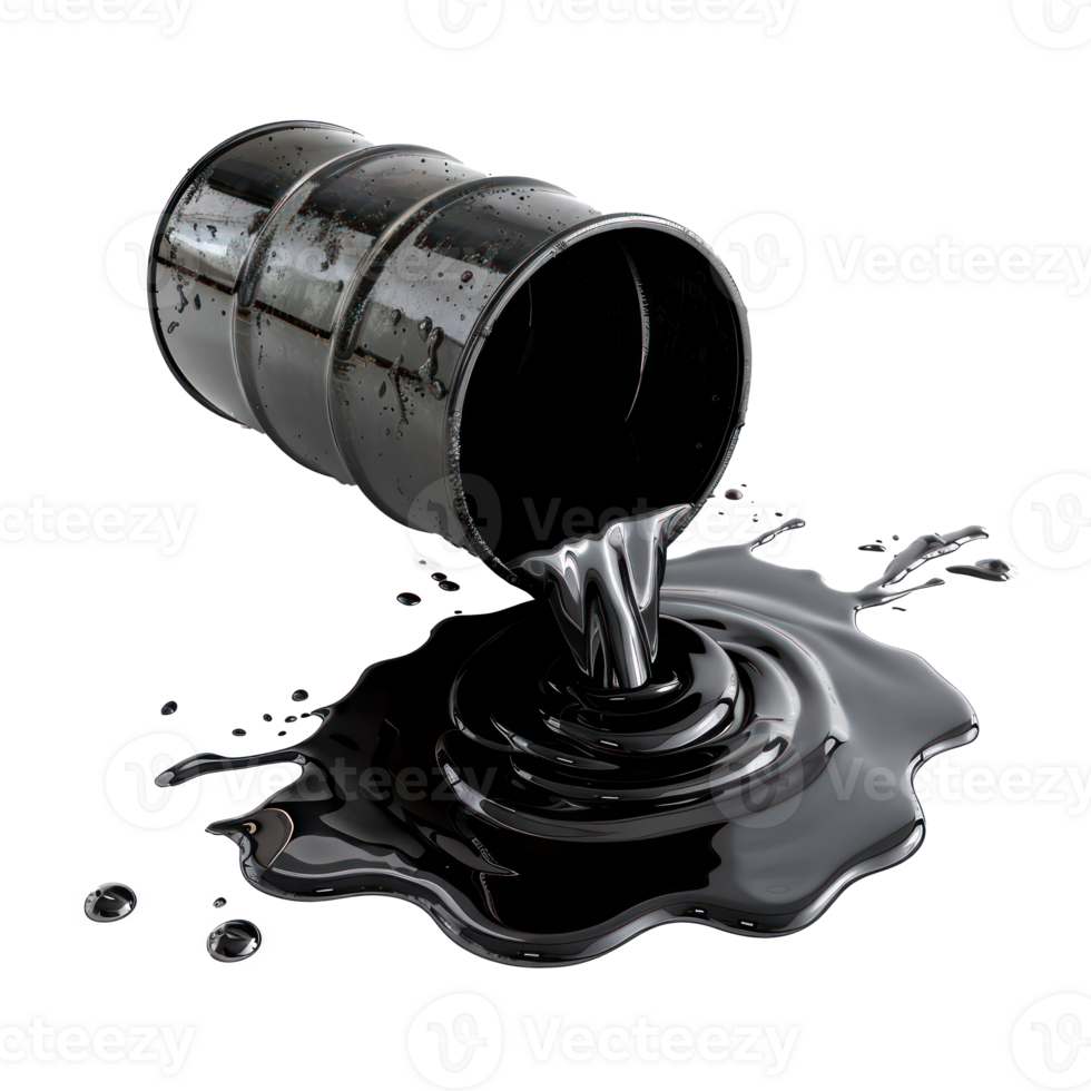 Black oil or petroleum spilled leaking from a black barrel, environmental pollution concept isolate on transparency background png