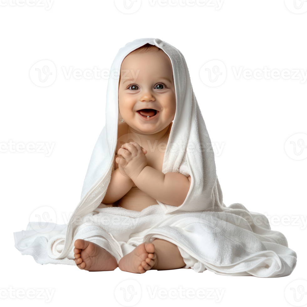 Smiling cute baby sitting wrap in towel after bathing isolate on transparency background png