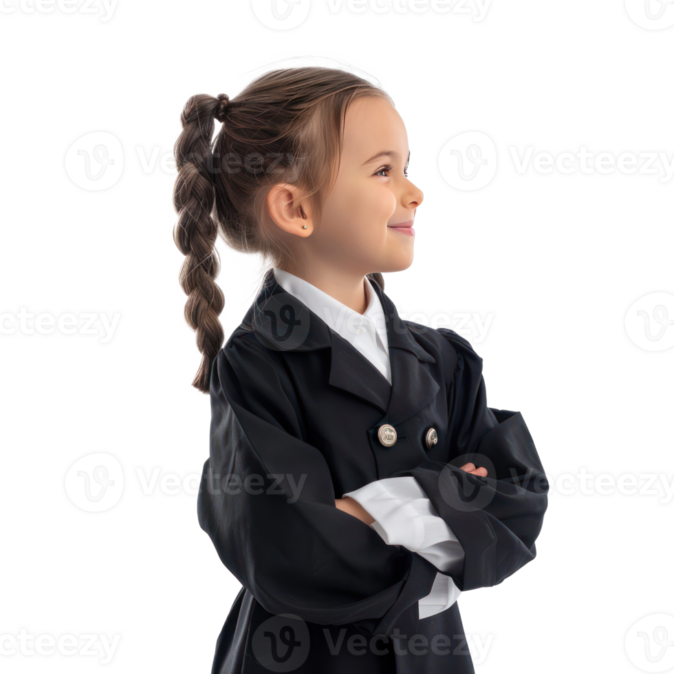 Smiling little girl wearing lawyer uniform standing side view isolate on transparency background png