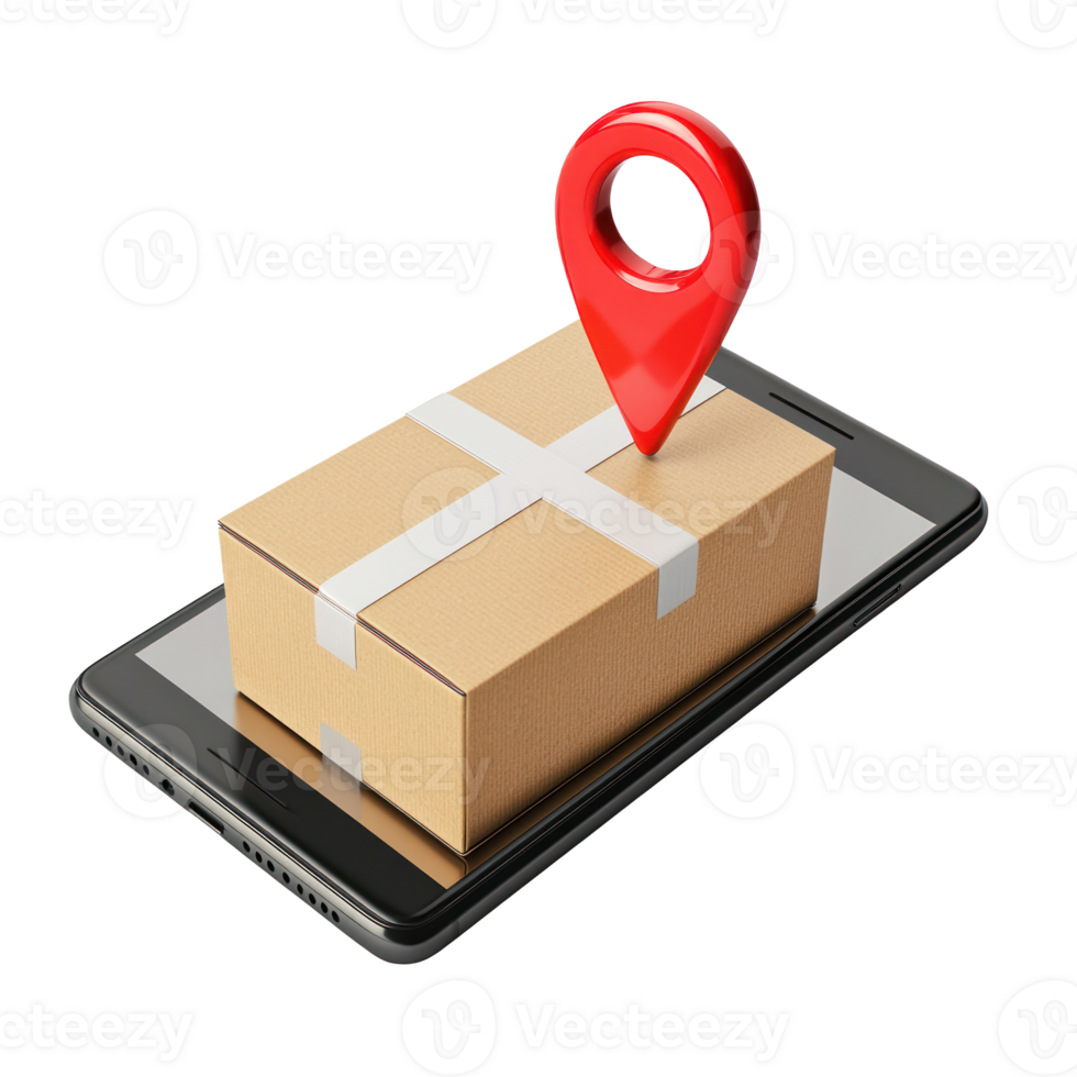 3d cardboard box on smartphone screen with red pin location top view isolate on transparency background png