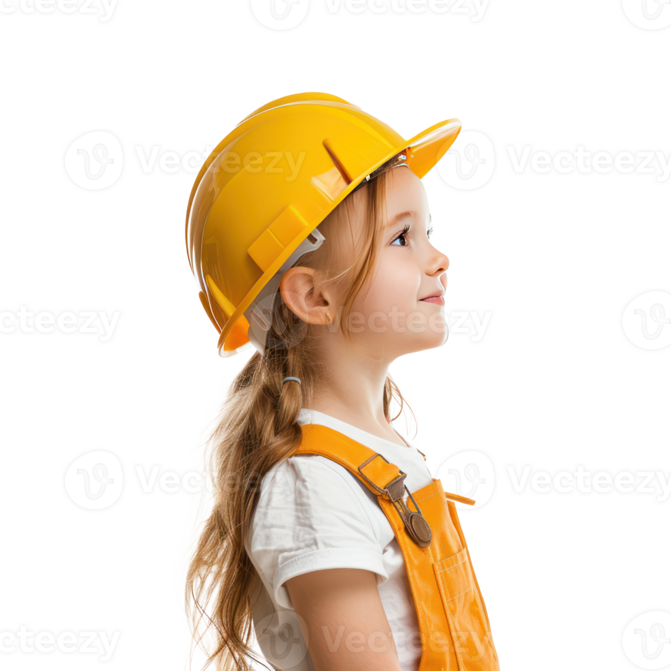 Smiling little girl wearing hard hat construction worker uniform standing side view isolate on transparency background png