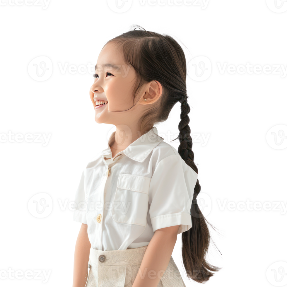 Smiling little girl wearing layer uniform standing side view isolate on transparency background png